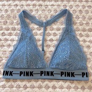 VS Pink Logo Band Padded Lace Racerback Bralette Light Blue Size Small